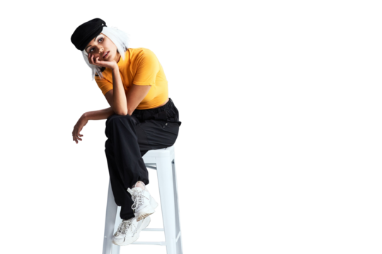 Thinking, urban fashion and woman in chair with idea, relax and isolated on transparent png background. Brainstorming, gen z girl or model sitting on stool with confidence, pride and unique identity. - Powered by Adobe
