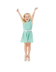 Happy, jump and portrait of girl child with arms up celebration on isolated, transparent or png background. Freedom, energy and excited kid with cheering motivation, support or happy, goal or success