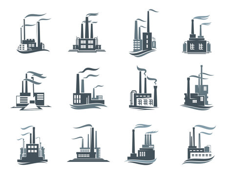 Factory, industrial plant icons of manufacture with chimney smoke, vector symbols. Gas and oil or metallurgy industry factory and power plant icons of pipeline refinery or coal mining and production