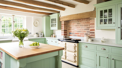 Mint cottage kitchen interior design, home decor and house improvement, English in frame kitchen cabinets in a country house - obrazy, fototapety, plakaty