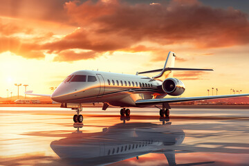 Fototapeta na wymiar Private jet standing at an airport with setting sun traveling by aircraft airplane