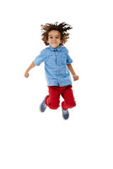 Happy, portrait or child jump for freedom, celebration or news on isolated, transparent or png background. Success, energy or boy kid in air with motivation, smile or excited for goal or achievement