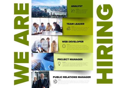 We are hiring light green minimalistic flyer template with blocks containing position names