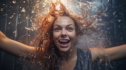 Fototapeta premium Woman washing her hair with shampoo in the shower