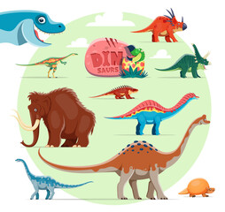 Childish dinosaurs cartoon personages. Jurassic era Styracosaurus, Chasmosaurus and Elaphrosaurus, Shansisuchus, Amargasaurus, Pelorosaurus and Glyptodon, Euhelopus, Mammoth vector comical personages