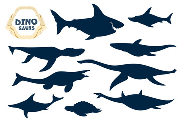 Isolated aquatic dinosaurs cartoon personages silhouettes. Megalodon, Ophthalmosaurus, Liopleurodon and Kronosaurus, Tylosaurus, Plesiosaurus and Ichthyosaur, Archelon sea dinosaurs silhouettes set