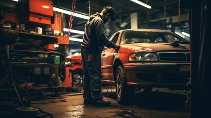 Auto mechanic working in a repair shop - obrazy, fototapety, plakaty