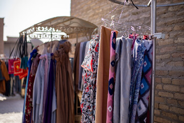 beautiful cotton clothes are selling in the streets of Citadel, Khiva, the Khoresm agricultural oasis, Citadel.