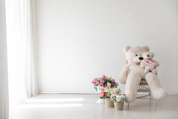 Interior of a white room with flowers and a polar bear toy