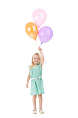 Fototapeta na wymiar Portrait, little girl and smile with balloons for party, event or celebration with excitement on face. Happy kid, youth and holding for inflatable object on isolated on transparent png background