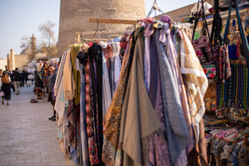 beautiful cotton clothes are selling in the streets of Citadel, Khiva, the Khoresm agricultural oasis, Citadel.