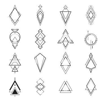 Geometric boho tattoo, sacred geometry art and mystic tribal symbols, vector signs. Geometric boho tattoo of moon and triangle, alchemy magic and ethnic Indian tribal or occult esoteric line symbols