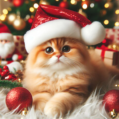 Cute Ginger Cat in santa hat