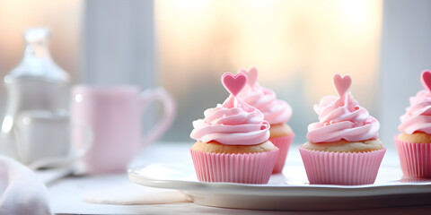 Vanilla cupcakes with pink buttercream and sprinkles with hearts on white plate and blurry kitchen window background  - obrazy, fototapety, plakaty