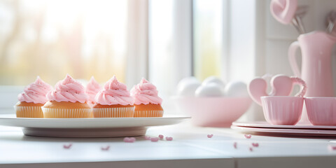 Vanilla cupcakes with pink buttercream and sprinkles with hearts on white plate and blurry kitchen window background 