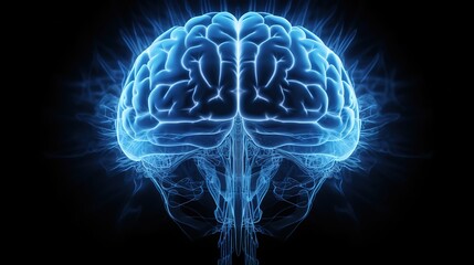 Blue-toned brain x-ray on dark background, A radiological insight into brain health and anatomy for medical diagnostics and neuroscientific research
