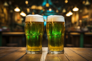 St Patrick's day concept - green beer with bokeh background - obrazy, fototapety, plakaty