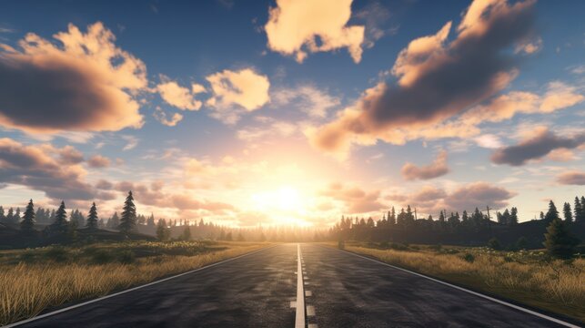 Long Road with Dramatic Skyline and Sunrise