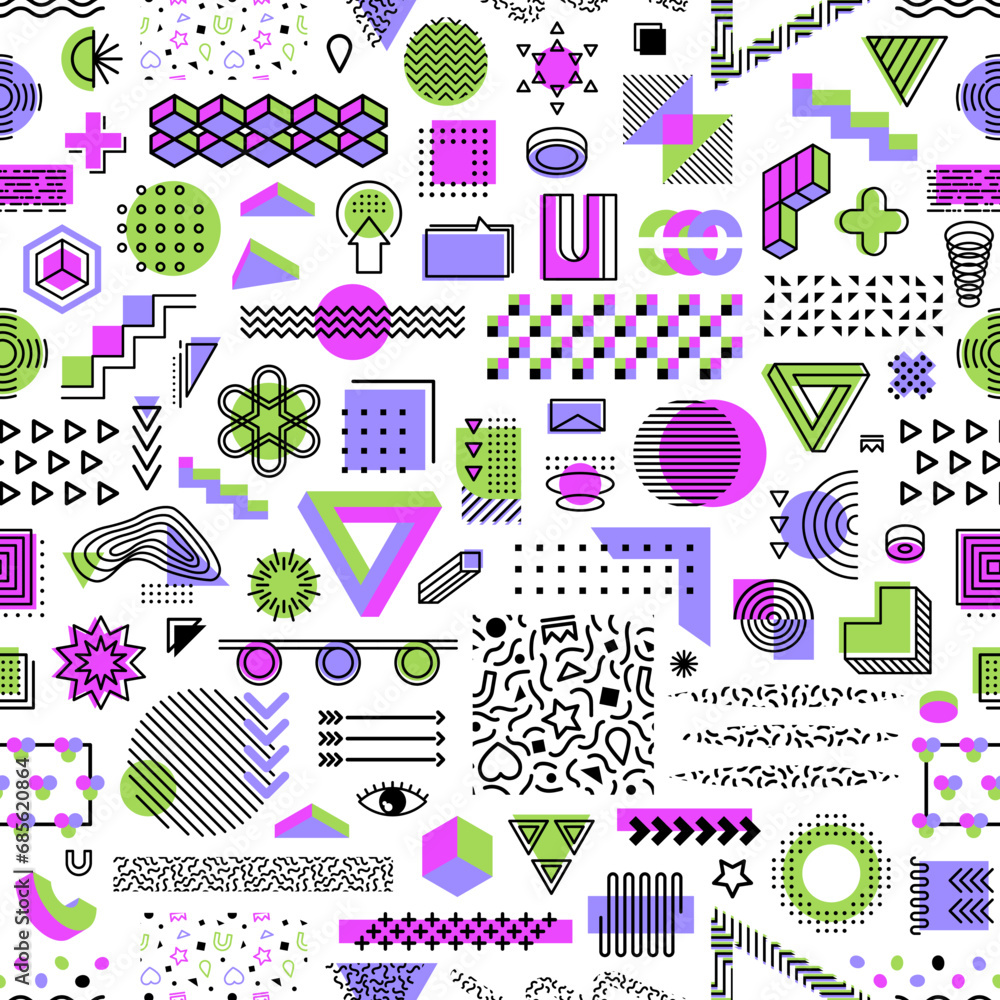 Poster memphis geometric funky shapes seamless pattern. fabric or textile seamless background with simple g