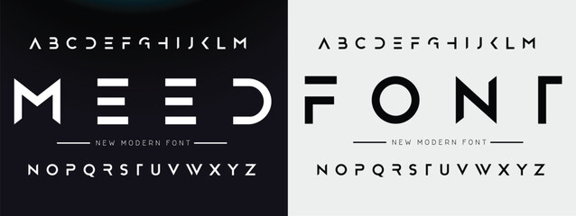 MEED Modern abstract digital alphabet font. Minimal technology typography, Creative urban sport fashion futuristic font and with numbers. vector illustration. - obrazy, fototapety, plakaty