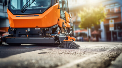Street cleaner. Demonstration of harvesting equipment. A road sweeper. Vehicle for street cleaning. Machine with brushes for cleaning. - obrazy, fototapety, plakaty