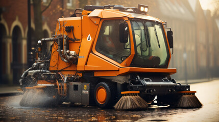 Street cleaner. Demonstration of harvesting equipment. A road sweeper. Vehicle for street cleaning. Machine with brushes for cleaning.