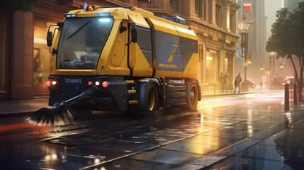 Street cleaner. Demonstration of harvesting equipment. A road sweeper. Vehicle for street cleaning. Machine with brushes for cleaning.