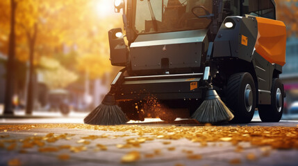 Street cleaner. Demonstration of harvesting equipment. A road sweeper. Vehicle for street cleaning. Machine with brushes for cleaning.