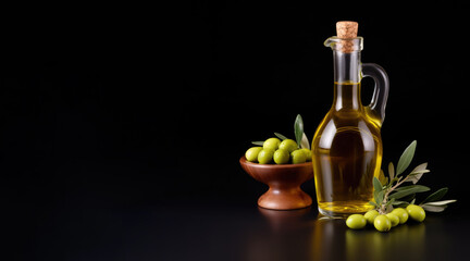 Obraz na płótnie Canvas Olive oil in glass oil bottle with cork stopper and next to a bowl of olives and an olive branch on a black background