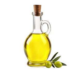 Olive oil in glass oil bottle with cork stopper next to some olives and an olive branch isolated on a cutout PNG transparent background