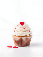 Sweet cupcakes with white buttercream and red hearts on top, white background 