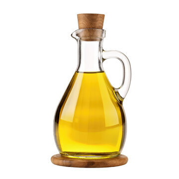 Olive oil in glass oil bottle with cork stopper on top of a wooden coaster isolated on a cut out PNG transparent background