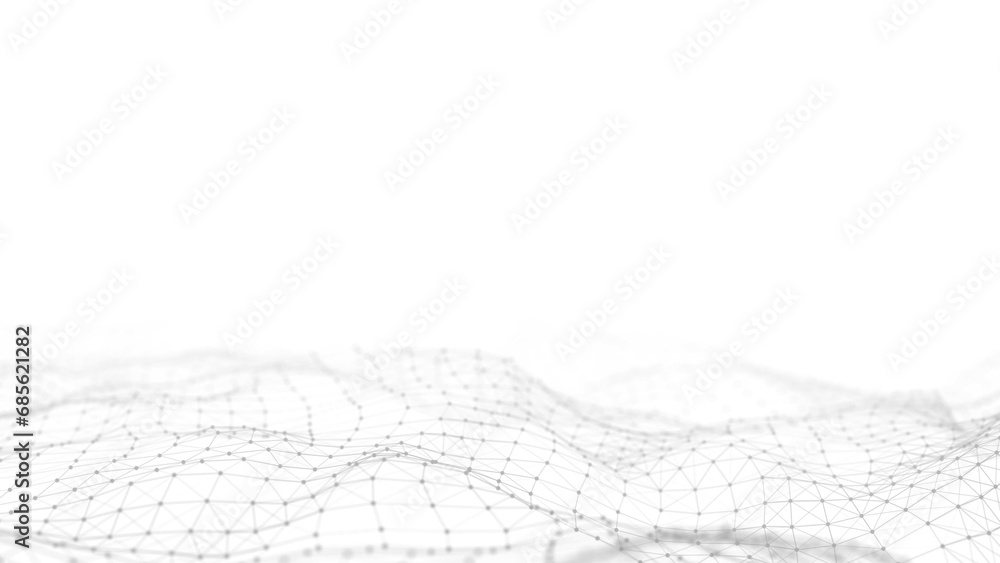 Poster Digital technology wave. Light cyberspace with motion dots and lines. Futuristic digital background artificial intelligence. Big data analytics. 3d rendering.