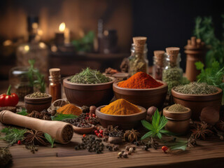 Wooden tabletop with spices and herbs generated by AI