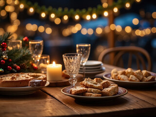 Naklejka premium Christmas dinner in defocused bokeh fair lights background generated by AI