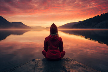 yoga instructor wearing a red jacket sits on the lake at sunrise,person meditating in nature with an emphasis on tranquility, mindfulness, and relaxation in winter