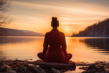 yoga instructor wearing a red jacket sits on the lake at sunrise,person meditating in nature with an emphasis on tranquility, mindfulness, and relaxation in winter - obrazy, fototapety, plakaty