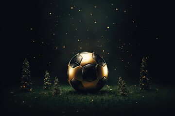 Black gold soccer ball on dark Christmas football background. AI generated