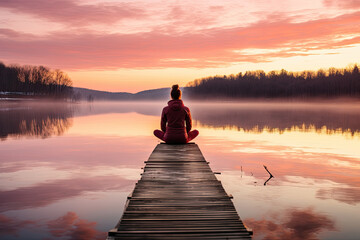 yoga instructor wearing a red jacket sits on the lake at sunrise, person meditating in nature with an emphasis on tranquility, mindfulness, and relaxation in winter - obrazy, fototapety, plakaty