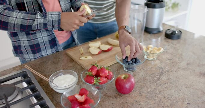 Happy diverse gay male couple preparing fruit for smoothie in kitchen, copy space, slow motion