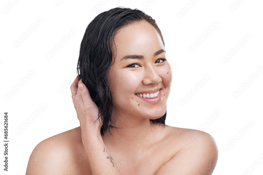 Poster Woman, beauty and smile in portrait, skincare and confident or isolated on transparent png background. Asian female person, face and happy for cosmetics, dermatology and self care or relaxing glow