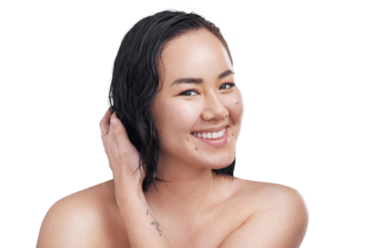 Woman, beauty and smile in portrait, skincare and confident or isolated on transparent png background. Asian female person, face and happy for cosmetics, dermatology and self care or relaxing glow