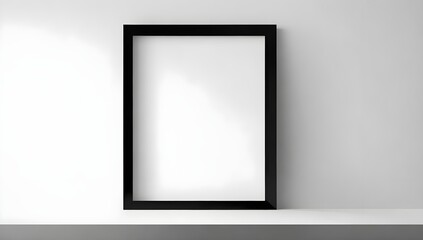 Blank photo frame on white wall. Empty black frame with empty white copy space. Isolated blank frame on wall for mockup. White frame on wall