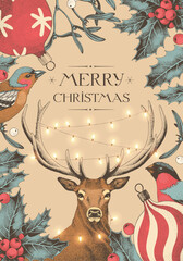 Vector Christmas card with winter flora and deer