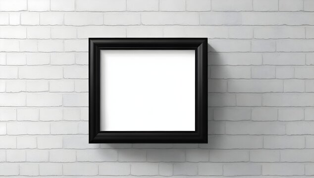 Blank photo frame on white brick wall. Empty black square frame with empty copy space.