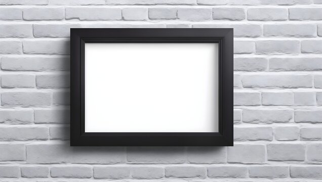 Blank photo frame on white brick wall. Empty black frame with empty copy space.