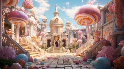 A wonderful fantasy pink castle for a fairytale princess. Elegant towers, columns and staircases decorated with giant candies, candies and sweets. A fairytale dream castle for all little princesses