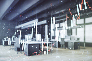 Abstract virtual financial graph hologram on a modern furnished office background, forex and investment concept. Multiexposure