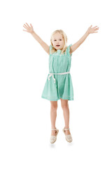 Happiness, girl and kid with portrait, jump and achievement isolated on a transparent background. Person, model and child with energy, movement and excitement with joy, cheerful and winner with png