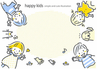 笑顔の子どもたちのフレーム　シンプルでかわいい線画イラスト